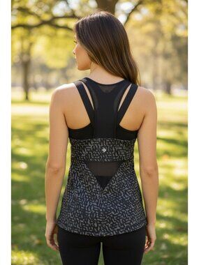 Lululemon Womens Size 2 Mesh-Back Racerback Tank Top Built-In Bra Black/White